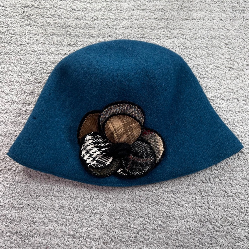 Daniele Meucci Wool Cloche Hat Flower Teal OS Vintage Academic Italian Retro